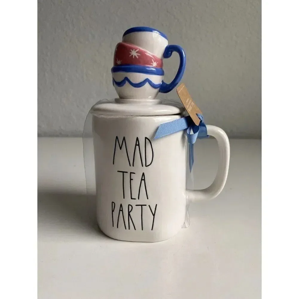 RAE DUNN Disney ALICE IN WONDERLAND “MAD TEA PARTY”‎ Double Sided Mug W/ Topper
